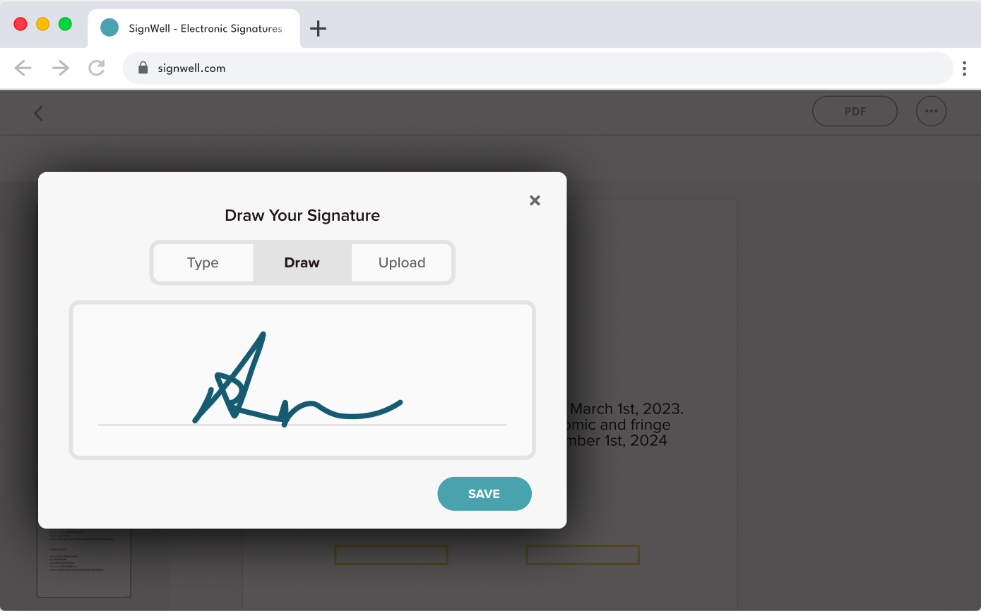 SignWell electronic signature workflow with a draw signature modal