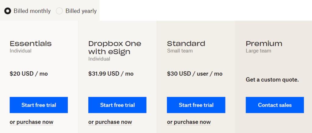 Dropbox Sign pricing