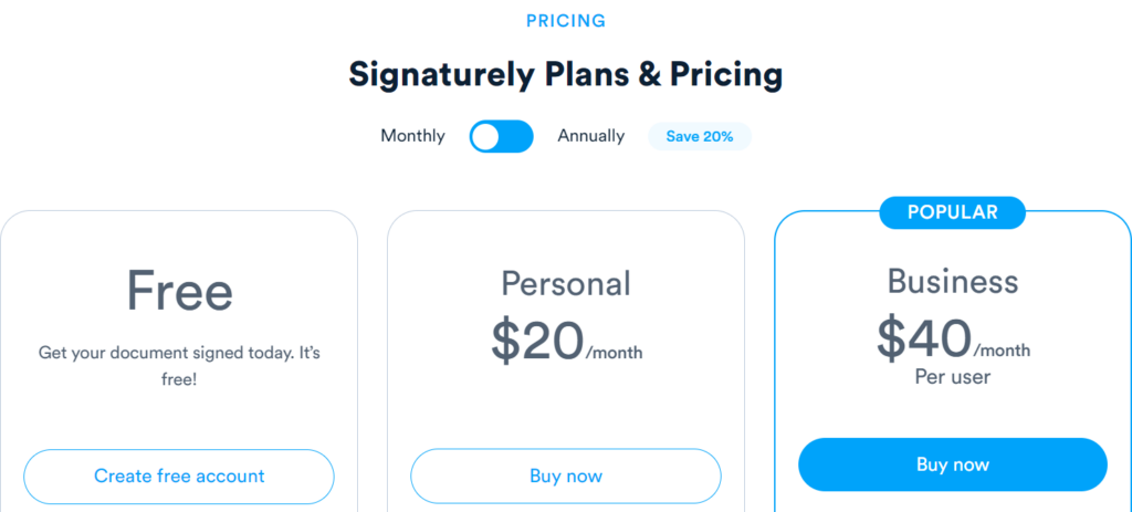 Signaturely plans